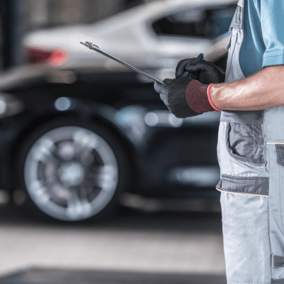 Technicien automobile qui rédige un rapport devant une voiture noire